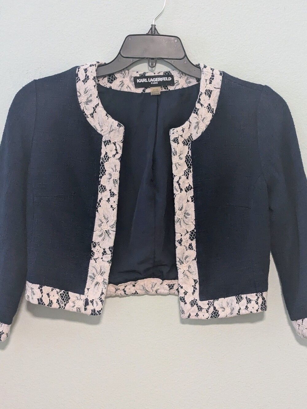 Karl Lagerfeld Paris Navy Lace Trim Open Front Jacket XS